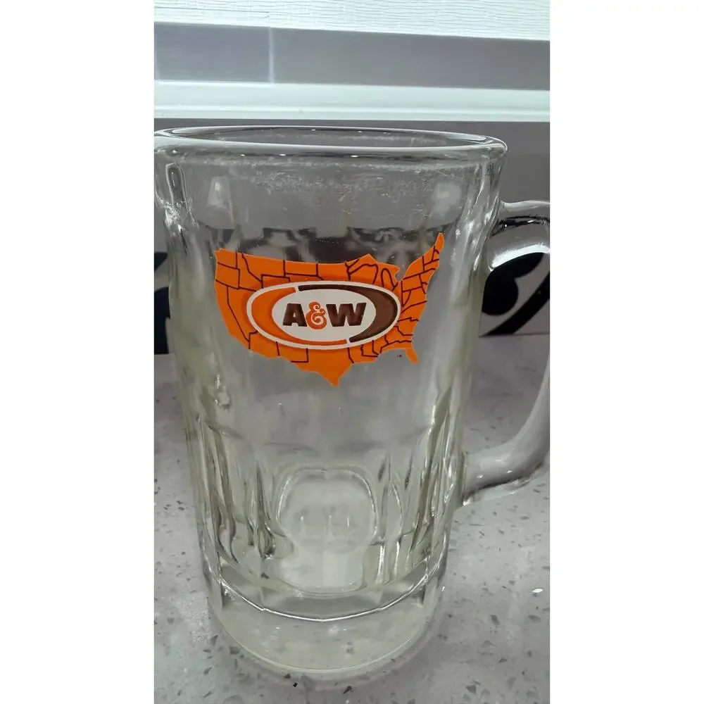 Vintage A&W Root Beer Glass Mugs Set of 2 Orange USA Map Logo Heavy Glass